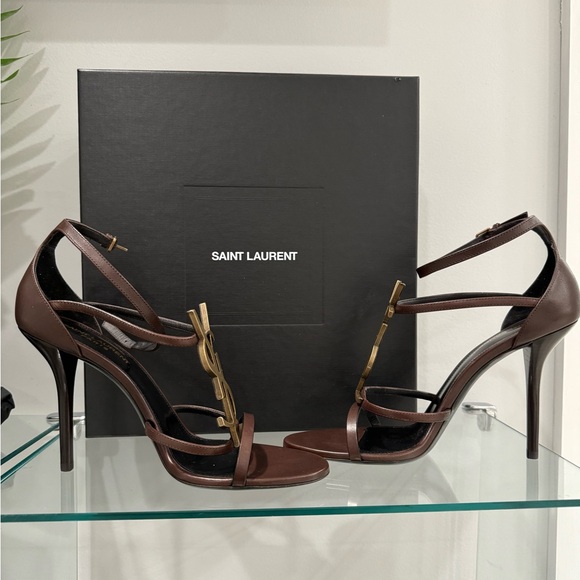Yves Saint Laurent YSL Cassandra Brown Leather High Heel Sandals Sz 39.5 NEW - Picture 10 of 11